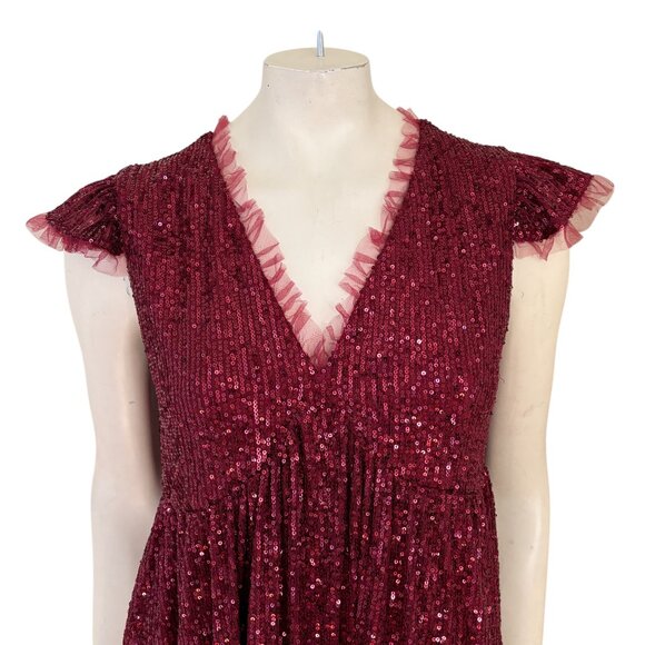 Sparkly Burgundy V-Neck Mini Dress with Ruffle Trim - Picture 2 of 10